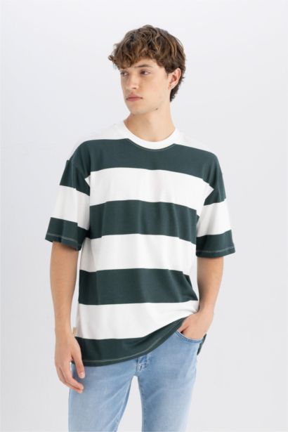 Boxy Fit Crew Neck Striped Cotton Short Sleeve T-Shirt