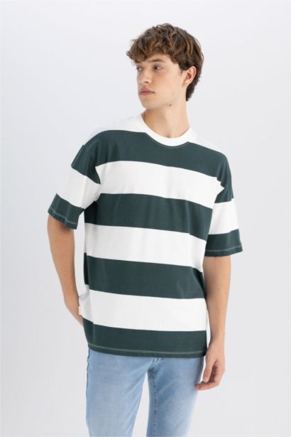 Boxy Fit Crew Neck Striped Cotton Short Sleeve T-Shirt