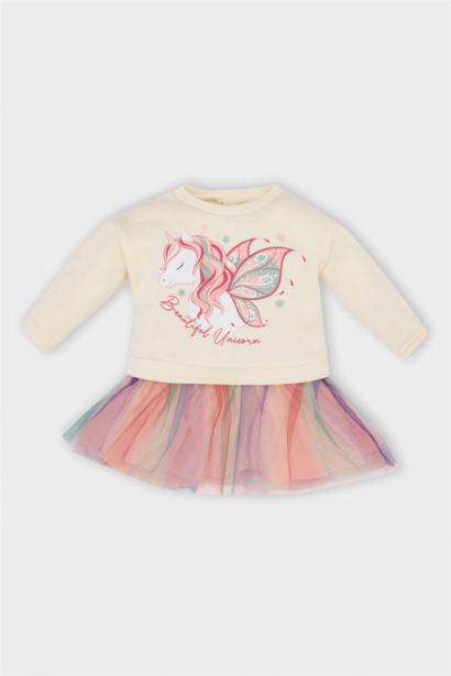 Robe en tissu sweat épais à manches longues avec imprimé Licorne pour Bébé Fille