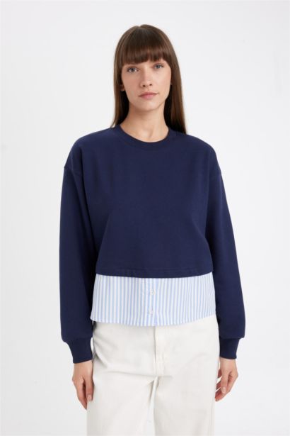 Relax Fit Crew Neck Hem Detailed Basic Sweatshirt