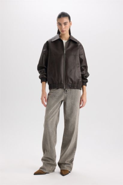 Dad Fit Polo Yaka Cepli Fermuarlı Suni Deri Mont