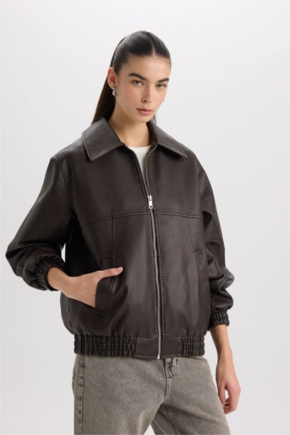 Dad Fit Polo Yaka Cepli Fermuarlı Suni Deri Mont