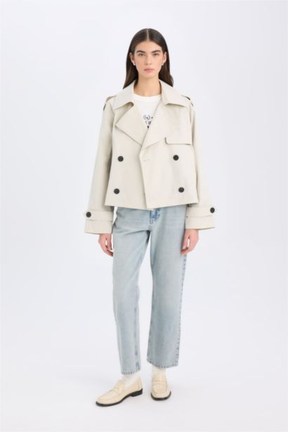 Regular Fit  Kısa Trençkot Smokin Yaka Düğmeli Cepli Apoletli