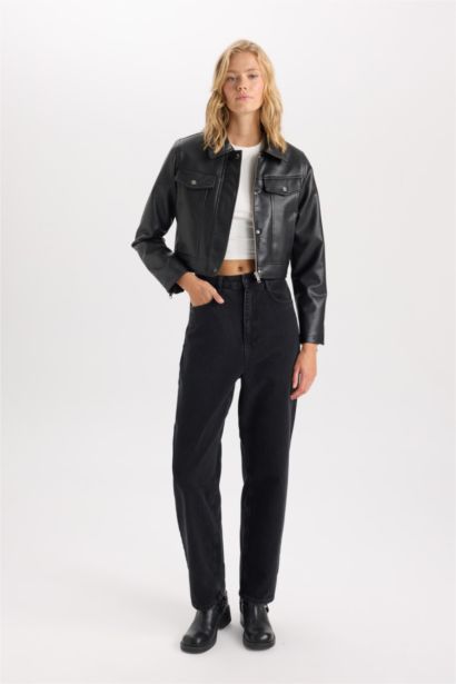 Suni Deri Mont Polo Yaka Cepli Fermuarlı Çıtçıtlı