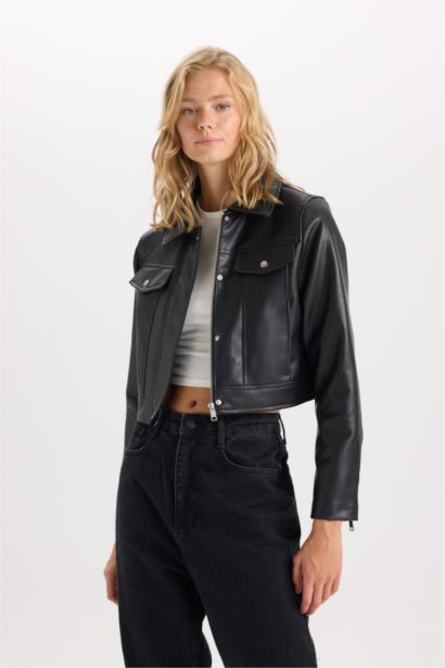 Suni Deri Mont Polo Yaka Cepli Fermuarlı Çıtçıtlı