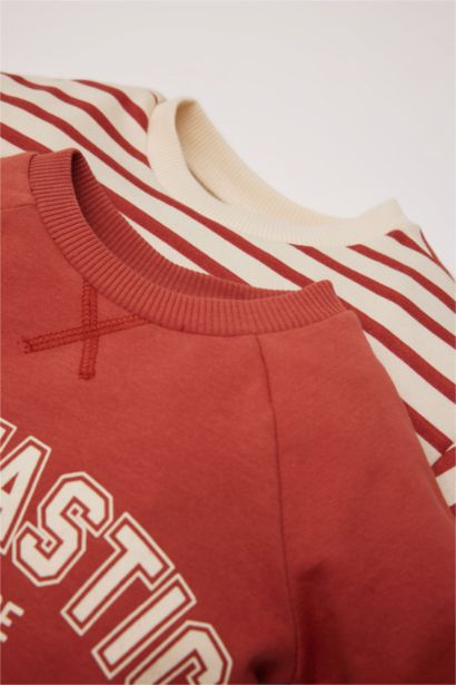 سويت شيرت مخطط قصة عادية بياقة مستديرة ببطانة ناعمة من قطعتين