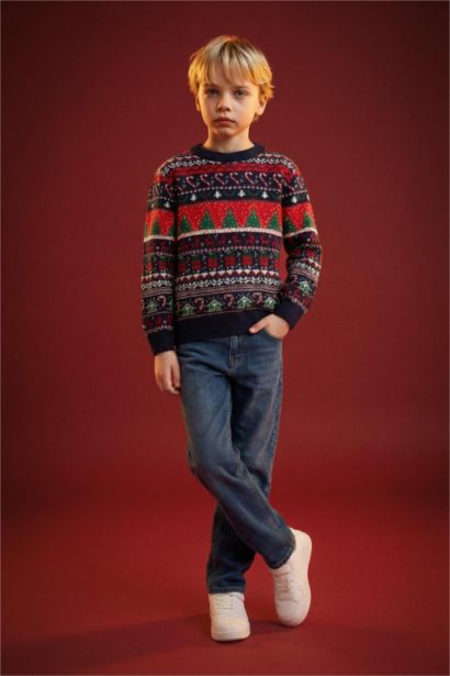 Pull en Tricot de Noël à col rond et coupe régulière pour Garçon