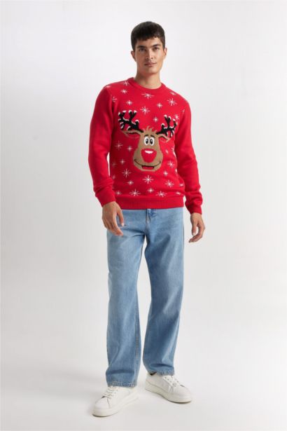 Red Standard Fit Crew Neck New Year Themed Knitwear Pullover