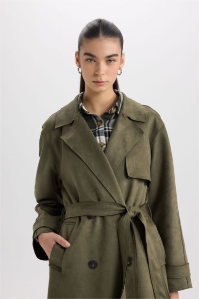 Regular Fit Smokin Yaka  Kemerli Cepli Uzun Süet Trençkot