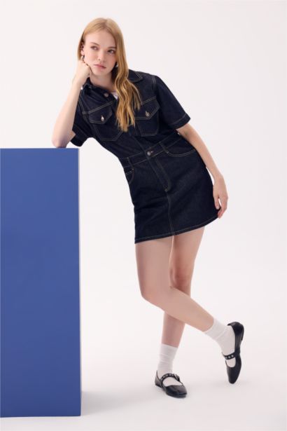 Fashion Fit Shirt Collar Pocket Short Sleeve Midi Denim Dress