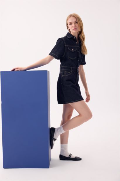 Fashion Fit Shirt Collar Pocket Short Sleeve Midi Denim Dress