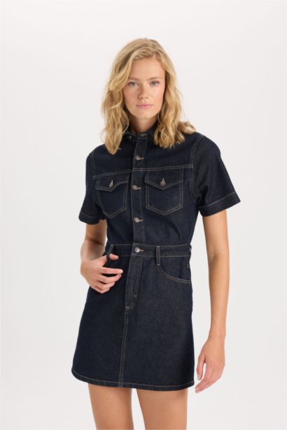 Fashion Fit Shirt Collar Pocket Short Sleeve Midi Denim Dress