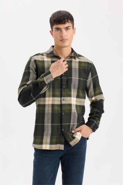 قميص كاروهات ردن طويل قصة عادية برقبة بولو