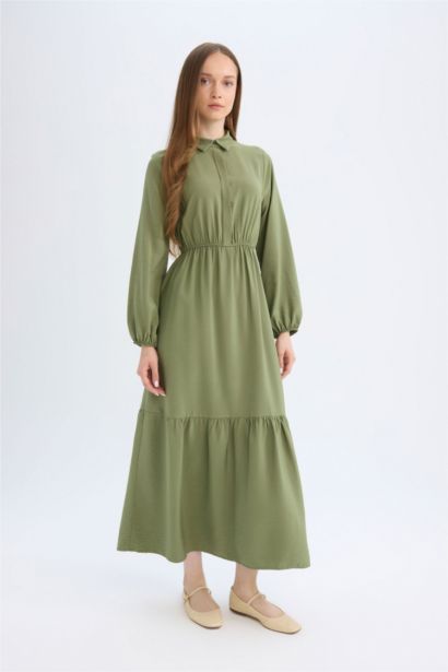 Shirt Collar Basic Buttoned Waist Gathered Maxi Dress