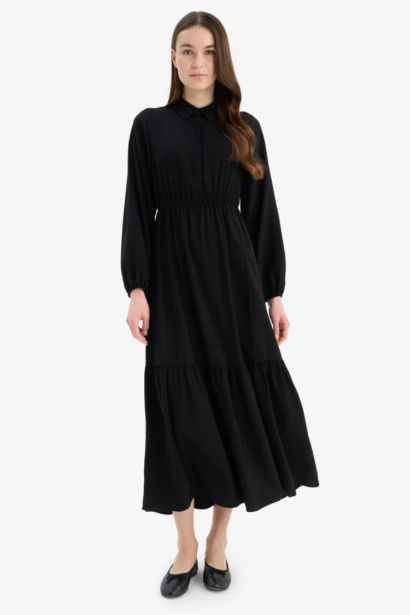 Robe longue basique avec boutons et taille cintrée à col chemise et manches longues