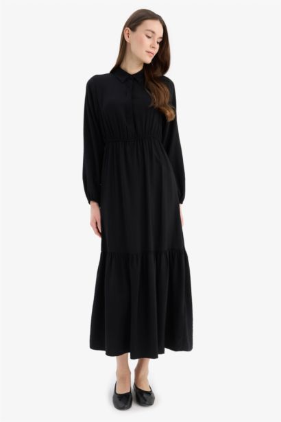 Robe longue basique avec boutons et taille cintrée à col chemise et manches longues