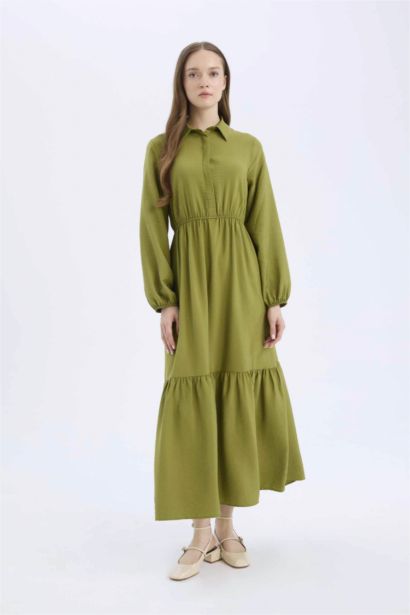 Shirt Collar Buttoned Waist Gathered Basic Maxi Dress