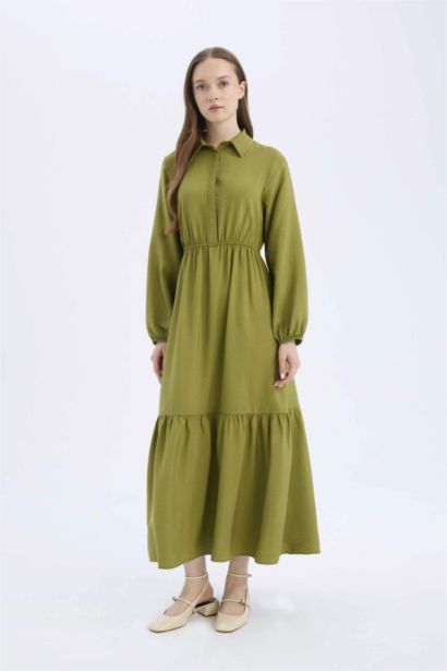 Shirt Collar Buttoned Waist Gathered Basic Maxi Dress