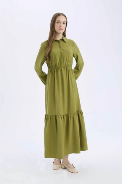 Shirt Collar Buttoned Waist Gathered Basic Maxi Dress