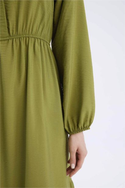 Shirt Collar Buttoned Waist Gathered Basic Maxi Dress