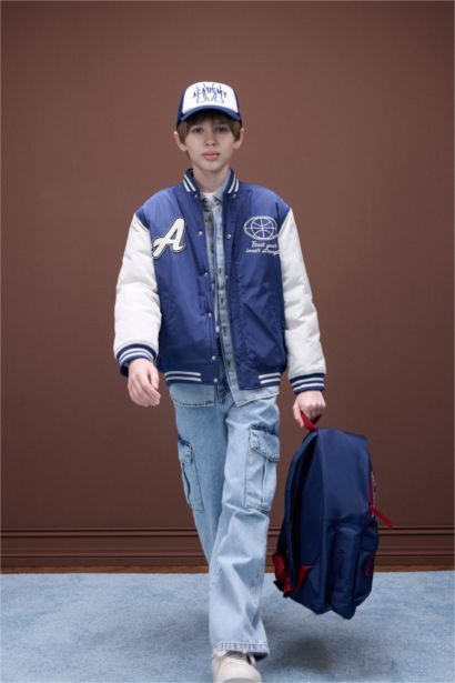 Kolej Yaka Sırt Baskılı Çıtçıtlı Bomber Mont Erkek Çocuk