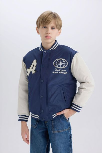 Kolej Yaka Sırt Baskılı Çıtçıtlı Bomber Mont Erkek Çocuk