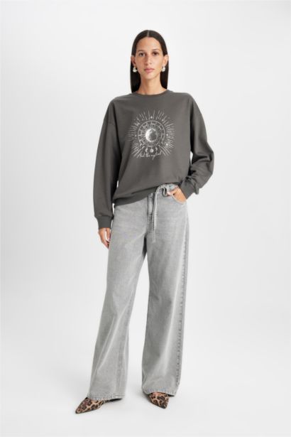 Sweat-shirt en tissu fin à col rond imprimé à Coupe décontractée,