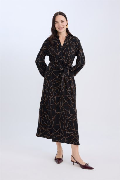 A Cut Bow Collar Patterned Belmando Maxi Dress