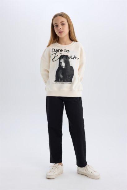 بنطلون اسود بناتي قصة مستقيمة بجيب وخصر مطاطي