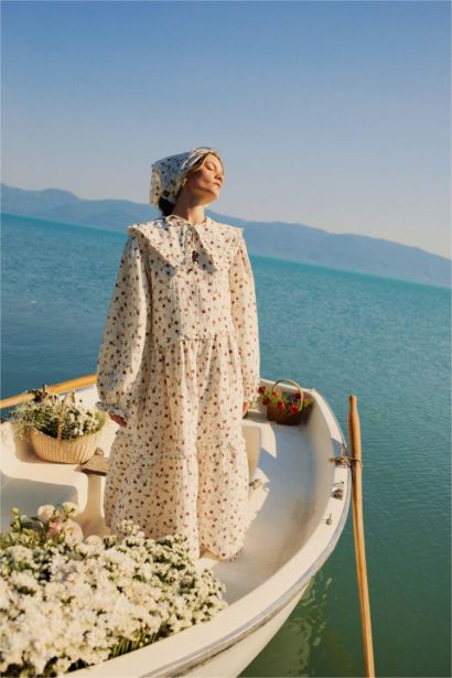 Manuka x DeFacto A Kesim Bebe Yaka Desenli Müslin Maxi Tesettür Elbise