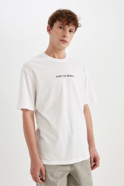 %100 Pamuk Relax Fit Bisiklet Yaka Baskılı Kısa Kollu Tişört