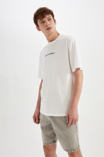 %100 Pamuk Relax Fit Bisiklet Yaka Baskılı Kısa Kollu Tişört