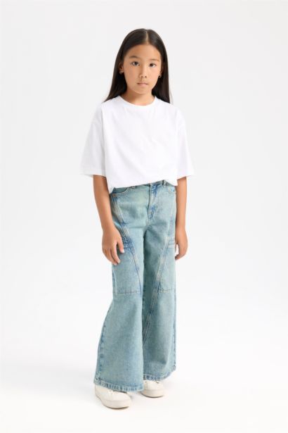 Wide Leg Geniş Paça Kargo Cepli Jean Pantolon Kız Çocuk
