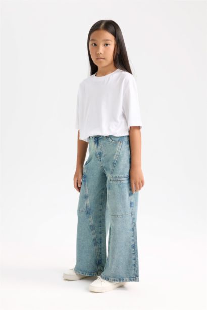 Wide Leg Geniş Paça Kargo Cepli Jean Pantolon Kız Çocuk