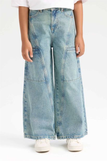 Wide Leg Geniş Paça Kargo Cepli Jean Pantolon Kız Çocuk