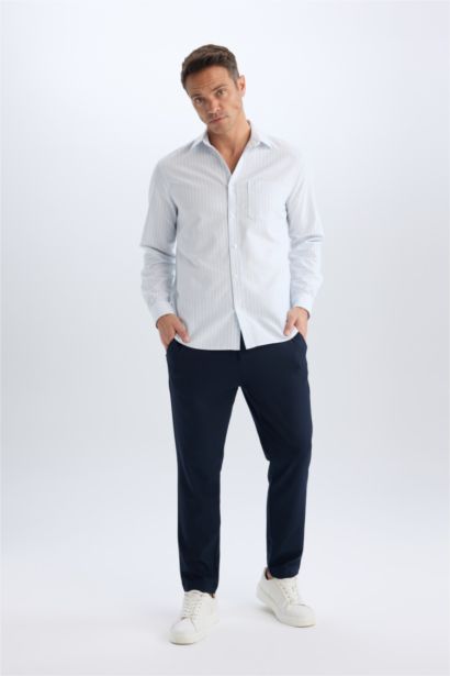 قميص بولو مخطط كم طويل أوكسفورد قصة عادية