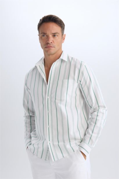 قميص بولو مخطط أخضر كم طويل أوكسفورد قصة عادية