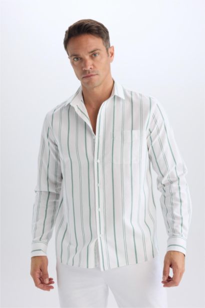 قميص بولو مخطط أخضر كم طويل أوكسفورد قصة عادية