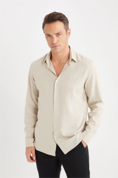 Regular Fit Polo Collar Long Sleeve Linen Shirt