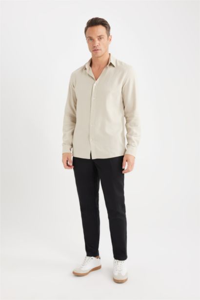 Regular Fit Polo Collar Long Sleeve Linen Shirt