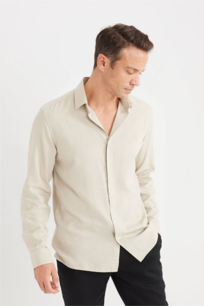 Regular Fit Polo Collar Long Sleeve Linen Shirt