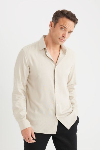 Regular Fit Polo Collar Long Sleeve Linen Shirt