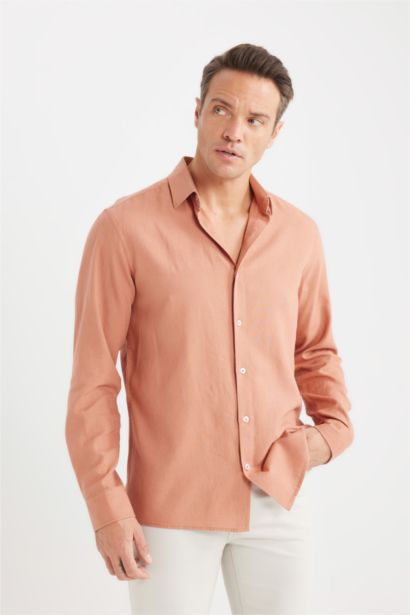 قميص بولو كتان كم طويل قصة عادية