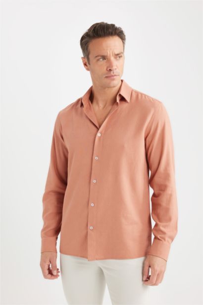 قميص بولو كتان كم طويل قصة عادية