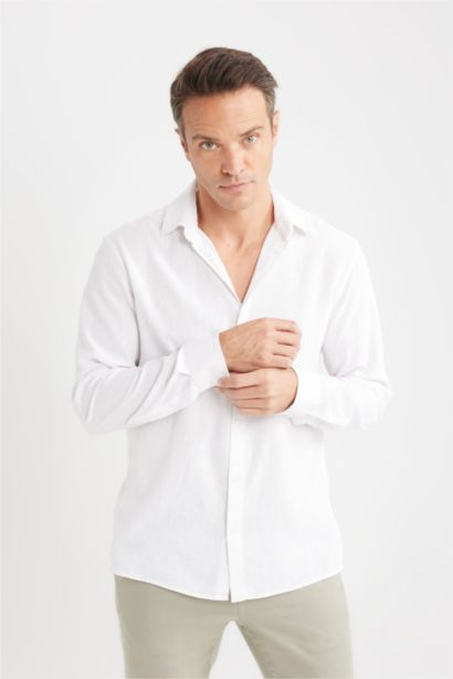 قميص بولو كتان كم طويل قصة عادية