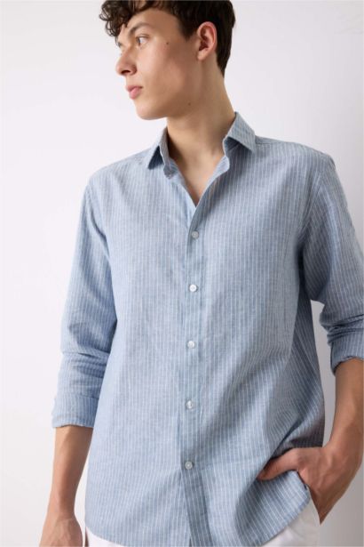 Regular Fit Polo Collar Striped Linen Long Sleeve Shirt