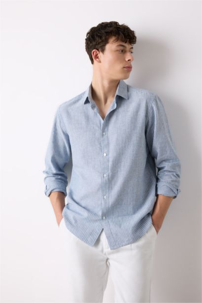 Regular Fit Polo Collar Striped Linen Long Sleeve Shirt
