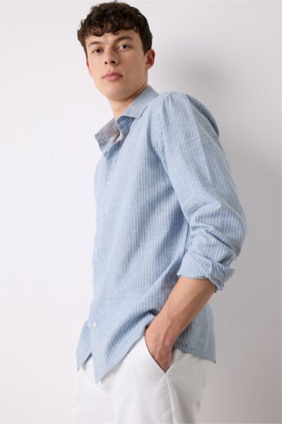 Regular Fit Polo Collar Striped Linen Long Sleeve Shirt