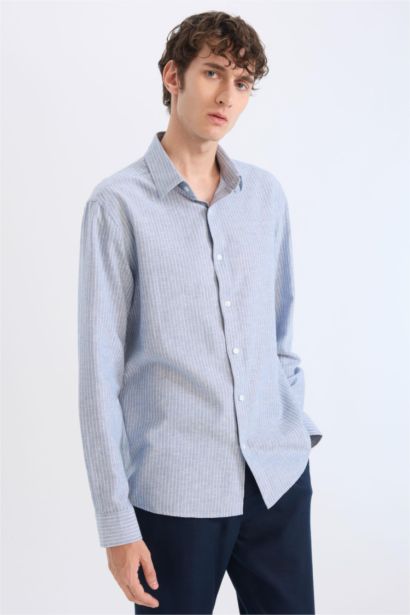Regular Fit Polo Collar Striped Linen Long Sleeve Shirt