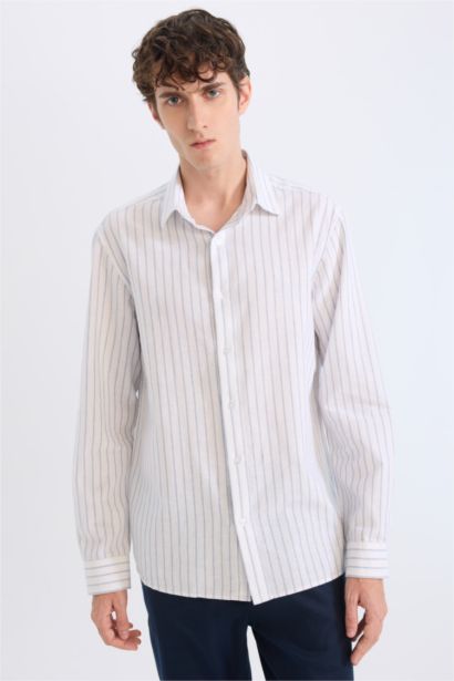 Regular Fit Polo Collar Striped Linen Long Sleeve Shirt